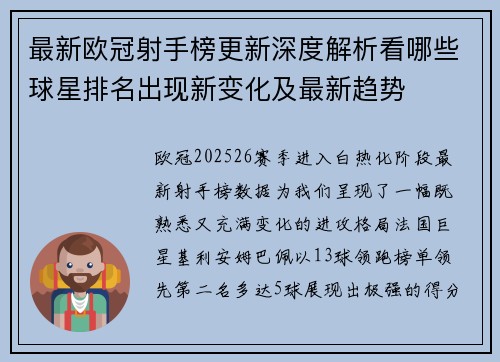 最新欧冠射手榜更新深度解析看哪些球星排名出现新变化及最新趋势